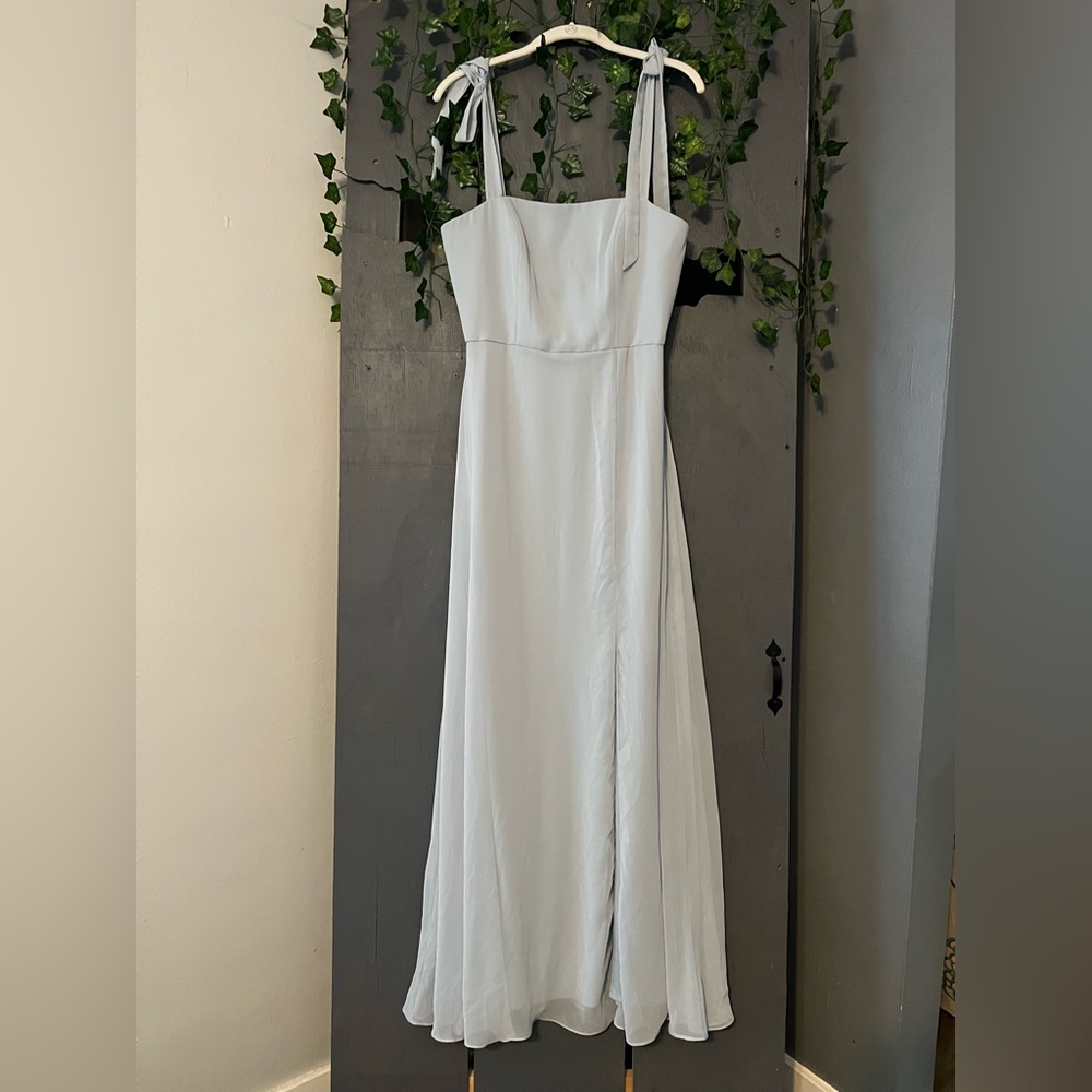 Dessy Collection Soft Blue Gown Tie Strap Chiffon A line Mist Blue Size 6R